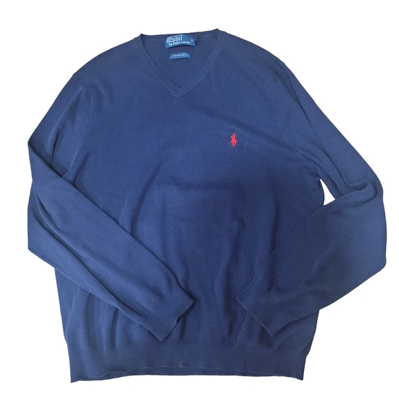 Polo Ralph Lauren Men Long Sleeve Pullover Navy Sweater Pima Cotton - Picture 1 of 4